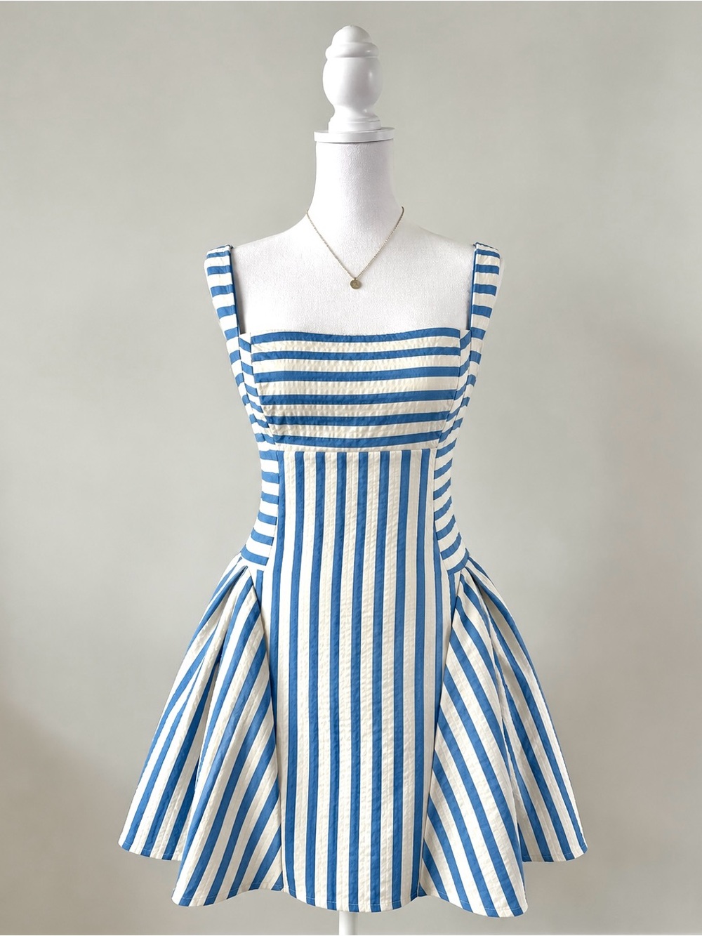 NWT Micas Stripes Print Square Neck Ruched Sleeveless Mini Dress